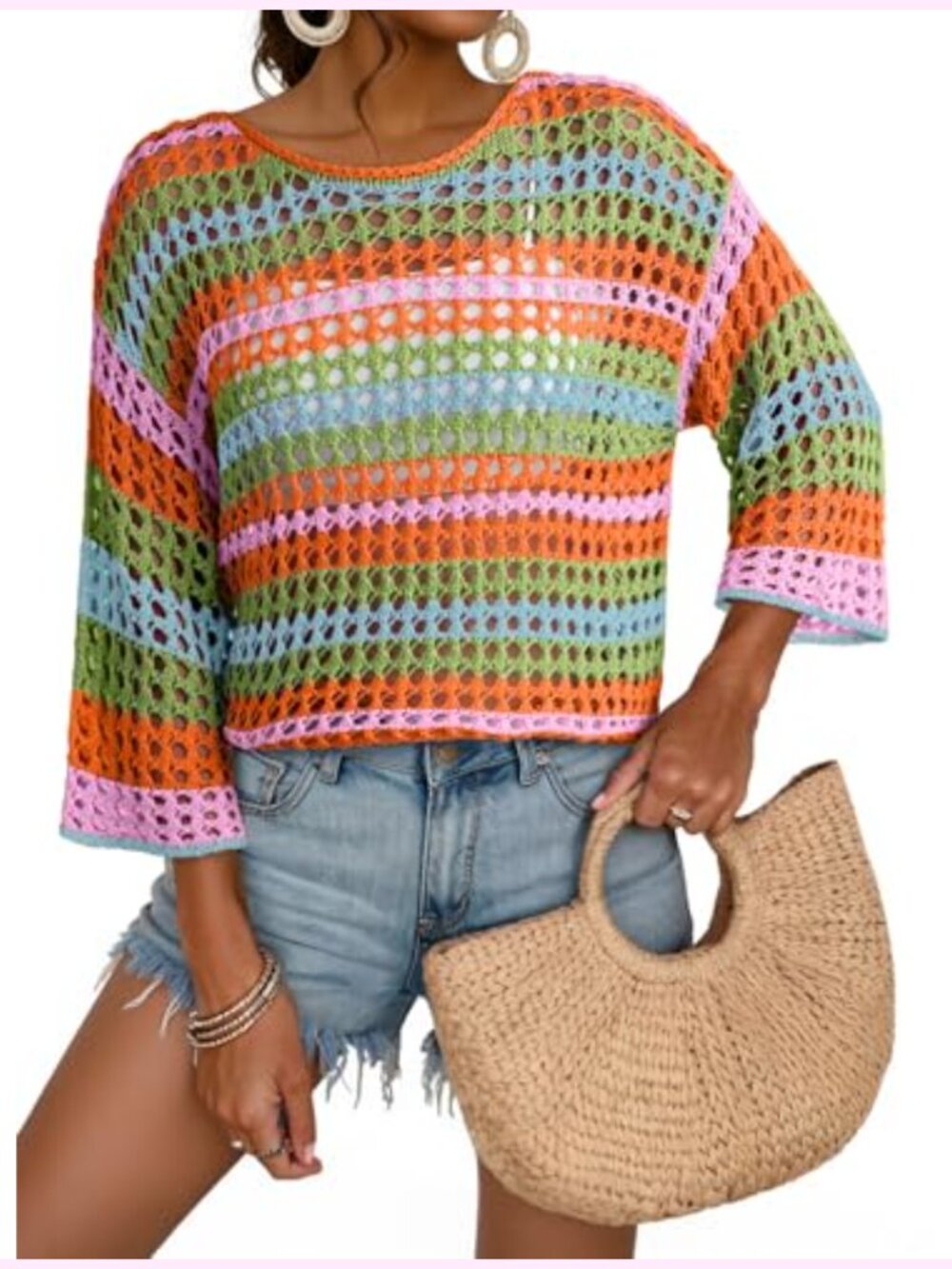 Womens 3/4 Sleeve Crochet Hollow Out Color Block Striped Pullover Sweater